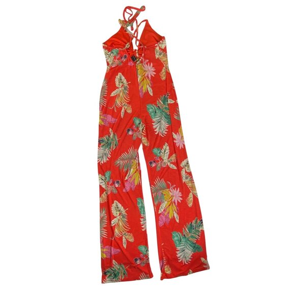 Orange Floral Halter Jumpsuit Large Sexy Stretch Tropical Pinup Retro Stretch - Picture 2 of 6